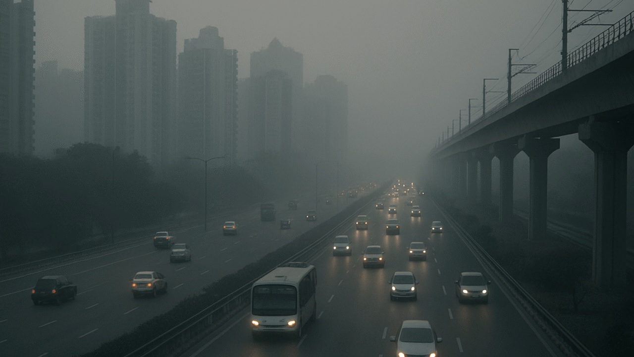 Cars and bus driving on a foggy Noida expressway in winter with tall buildings and metro line in heavy smog