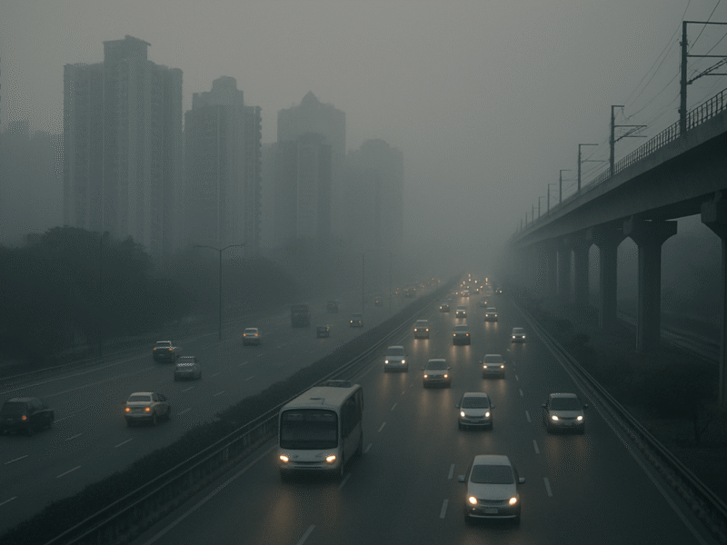 Cars and bus driving on a foggy Noida expressway in winter with tall buildings and metro line in heavy smog