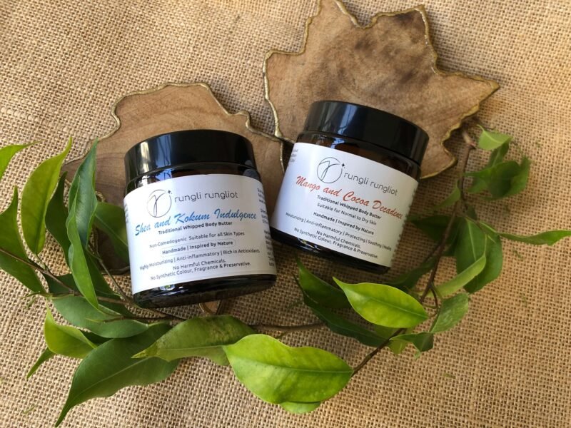 Rungli Rungliot Shea and Kokum Indulgence and Mango and Cocoa Decadence natural whipped body butters on leaf tray with green leaves, Noida brand
