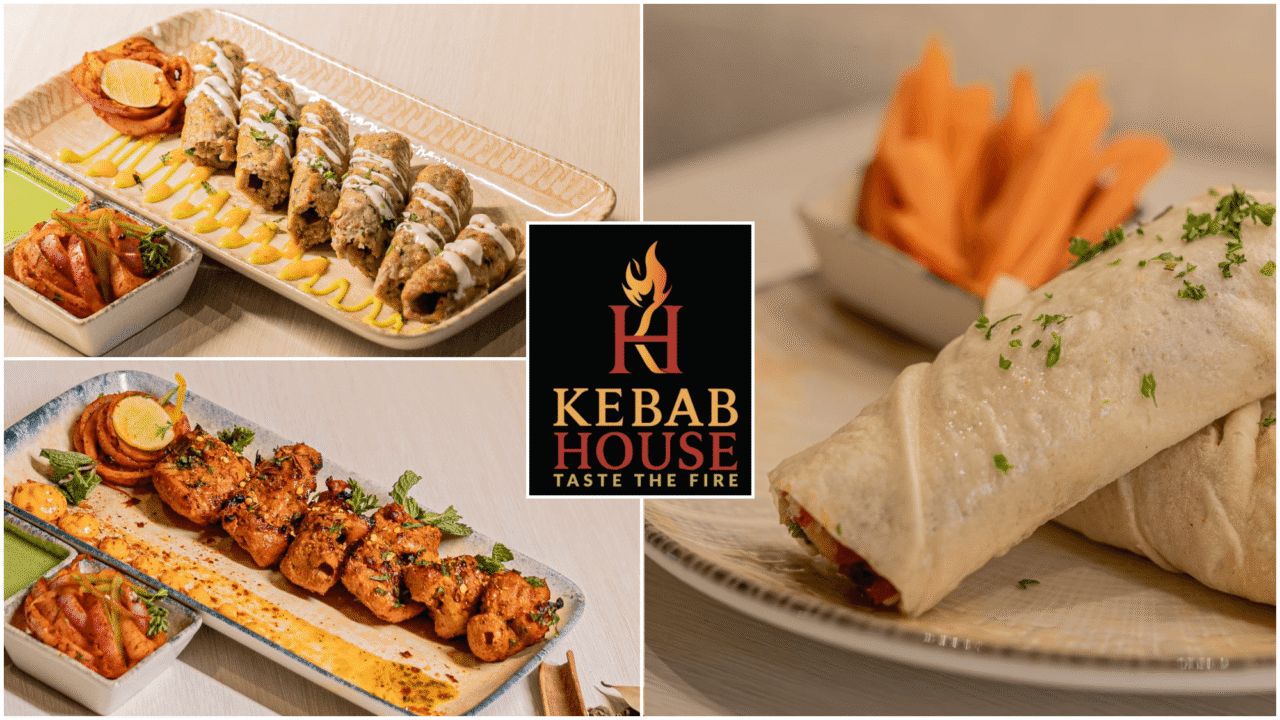 Collage of Turkish kebab platters with Kebab House Taste The Fire logo at Bhutani Alphathum Sector 90 Noida