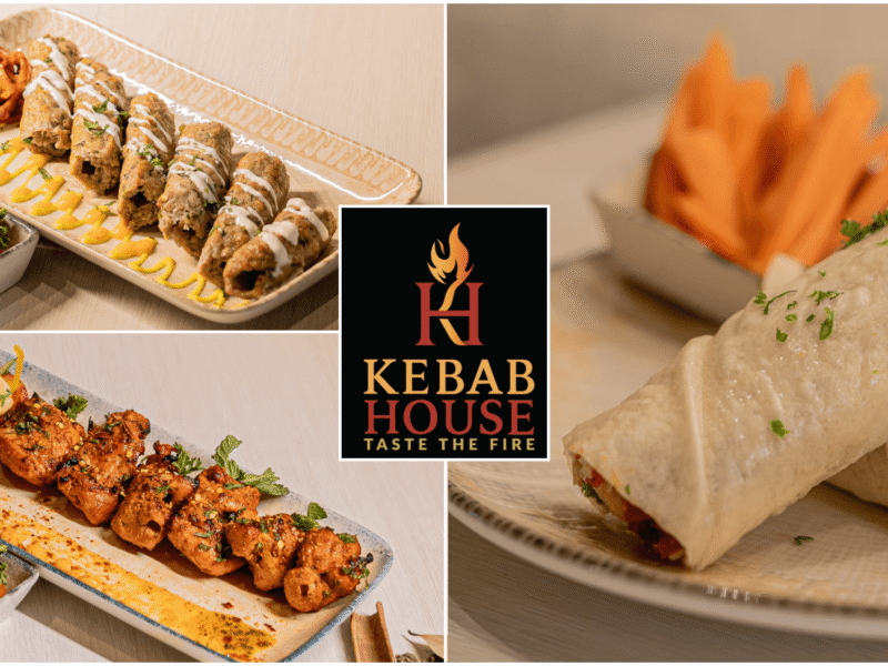 Collage of Turkish kebab platters with Kebab House Taste The Fire logo at Bhutani Alphathum Sector 90 Noida