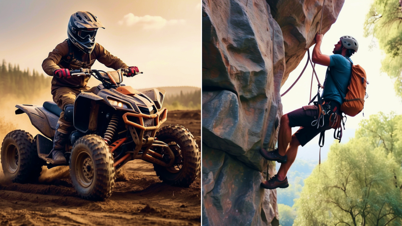 Person riding an ATV and another person rock climbing to show outdoor adventure activities near Noida