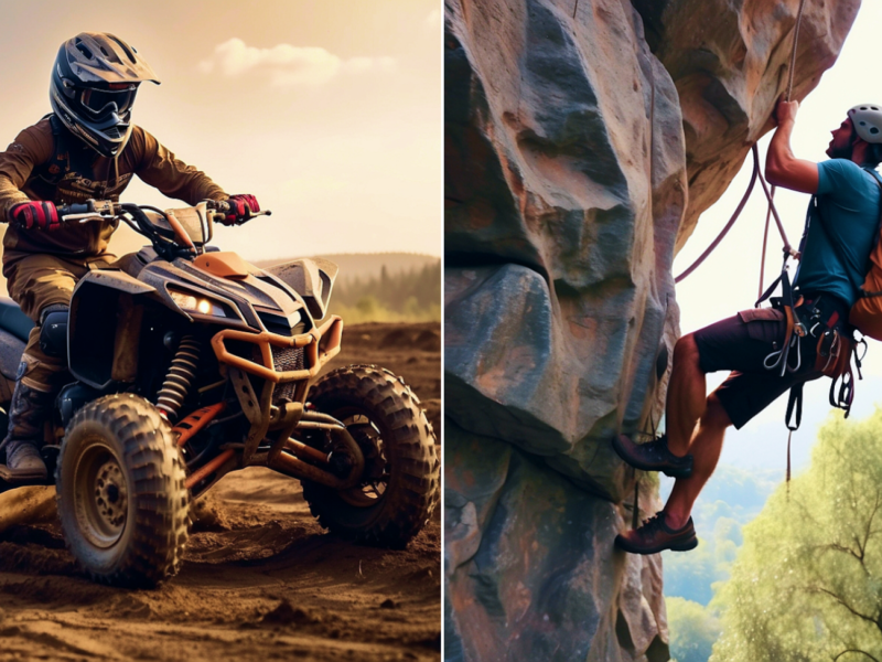 Person riding an ATV and another person rock climbing to show outdoor adventure activities near Noida