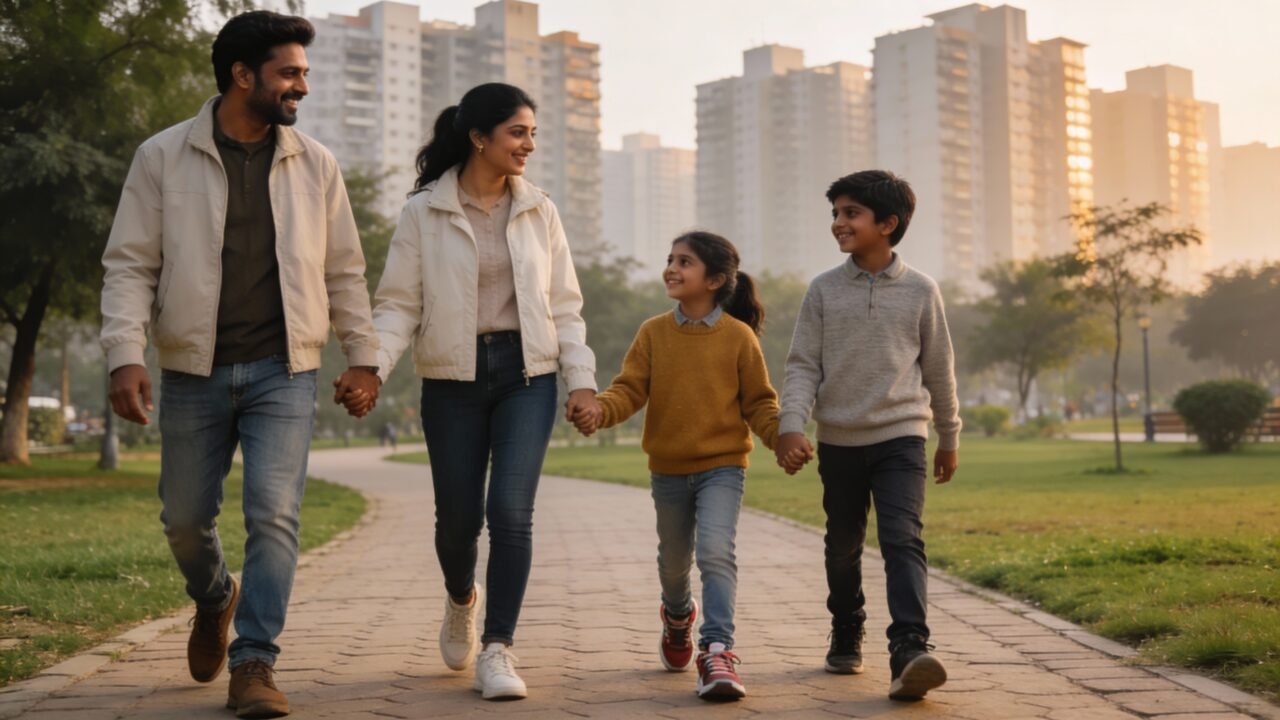 Indian family of four walking hand in hand on a winter afternoon in a green Noida city park with high rise buildings in the background