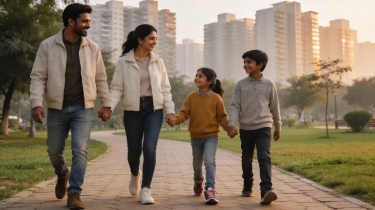 Indian family of four walking hand in hand on a winter afternoon in a green Noida city park with high rise buildings in the background