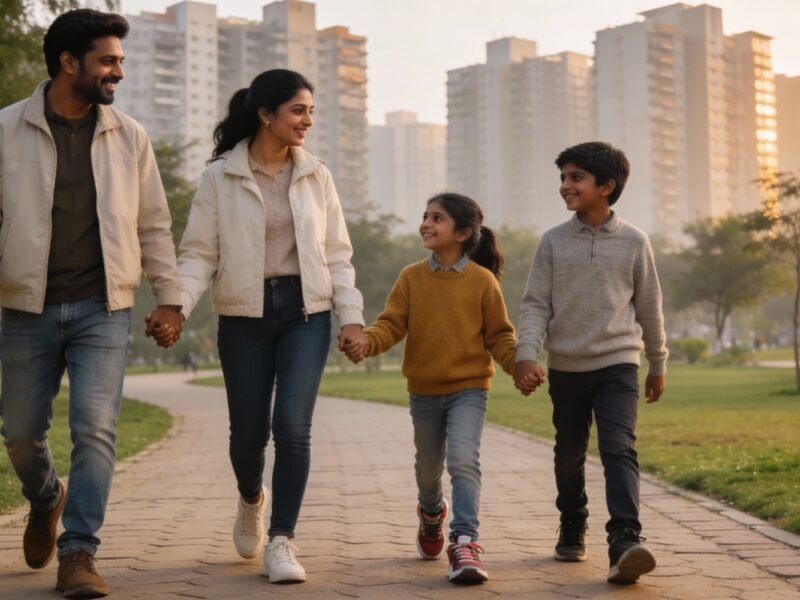Indian family of four walking hand in hand on a winter afternoon in a green Noida city park with high rise buildings in the background