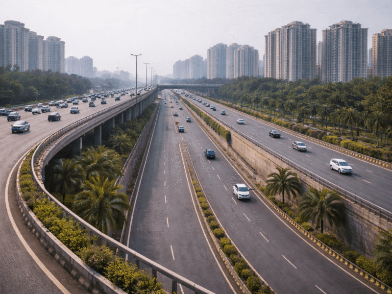 Multi-level flyovers and underpasses in Noida showing smooth traffic flow and planned urban road infrastructure