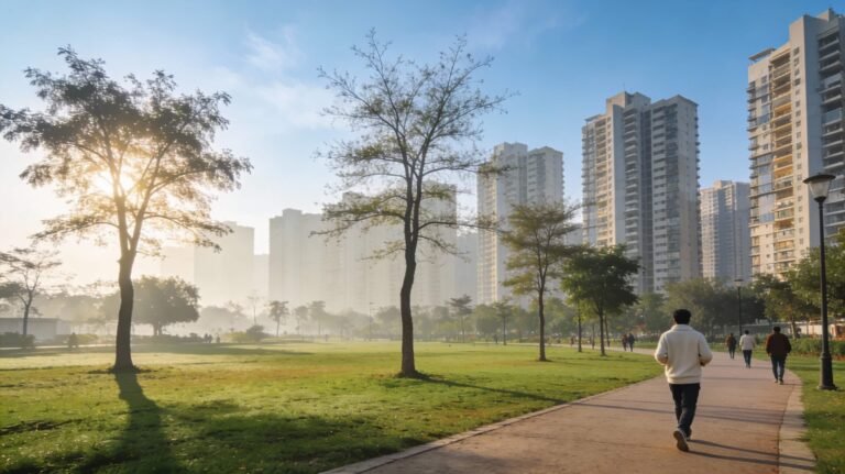 People walking and jogging on a clear winter morning in a Noida city park with green lawns and modern buildings, symbolising a New Year reset