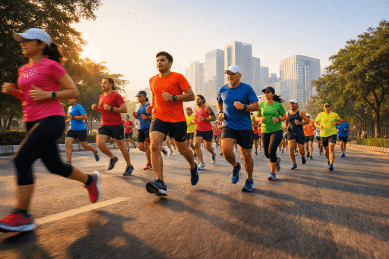 Group of runners in bright T shirts participating in an early morning city marathon on a tree lined road in Noida