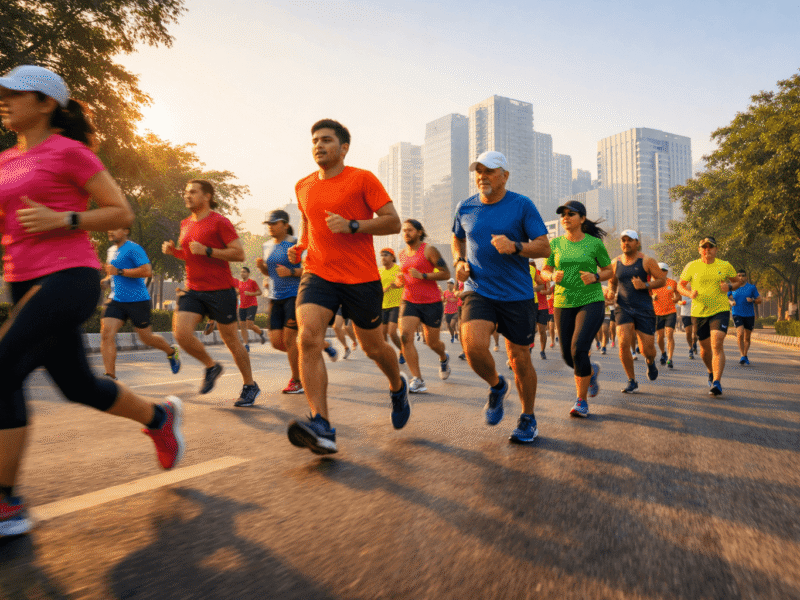 Group of runners in bright T shirts participating in an early morning city marathon on a tree lined road in Noida