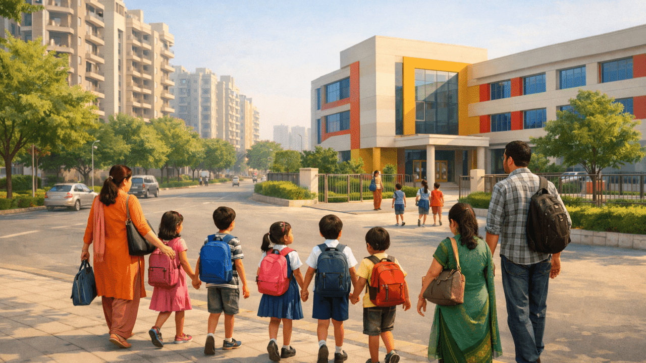 Diverse group of children with parents walking towards modern private school in Noida for RTE 25 percent quota admission under Right to Education Act