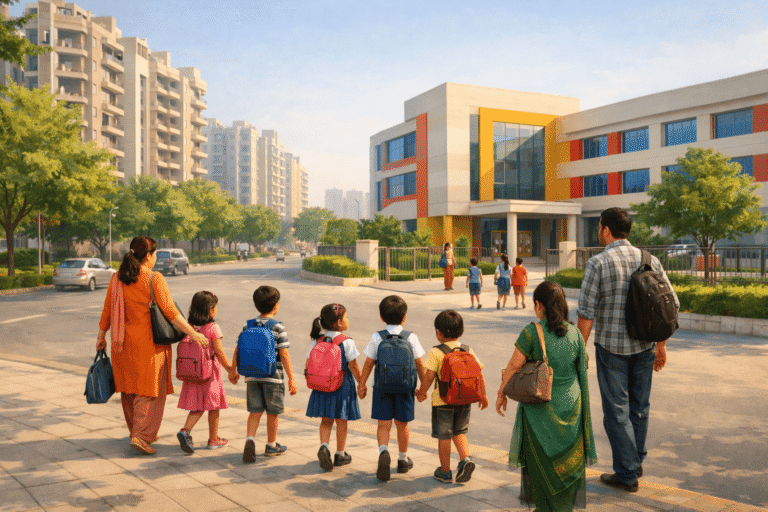 Diverse group of children with parents walking towards modern private school in Noida for RTE 25 percent quota admission under Right to Education Act