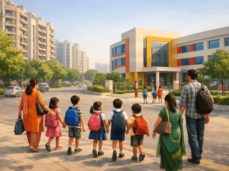 Diverse group of children with parents walking towards modern private school in Noida for RTE 25 percent quota admission under Right to Education Act