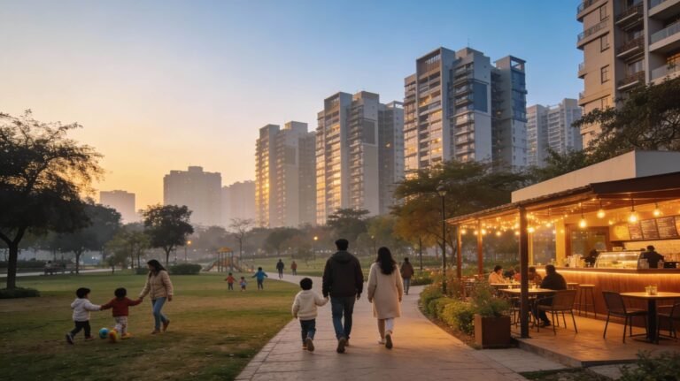 Winter weekday evening in a Noida park with families walking and a cosy café lit up beside high rise apartments