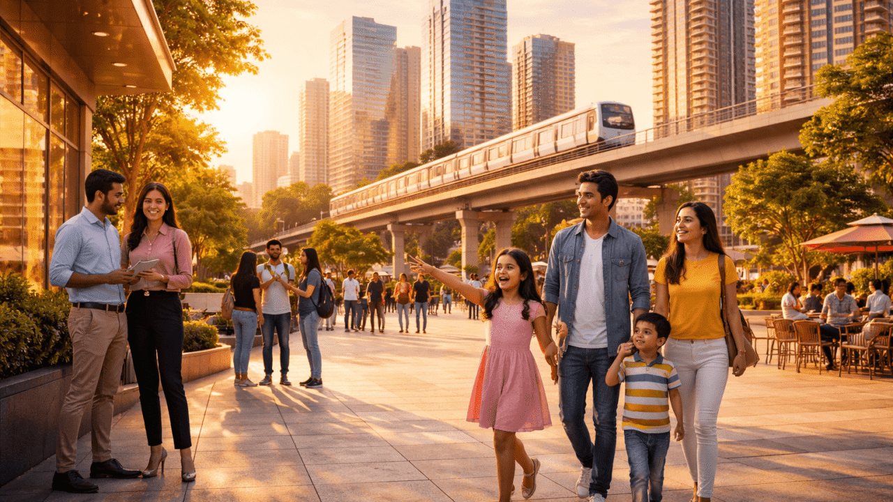 Young family and professionals walking in a modern Noida plaza with elevated metro and high rise buildings at sunset