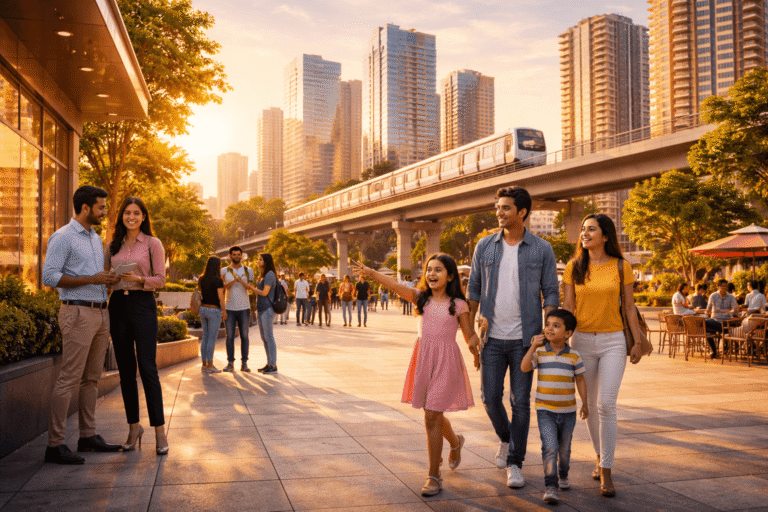 Young family and professionals walking in a modern Noida plaza with elevated metro and high rise buildings at sunset