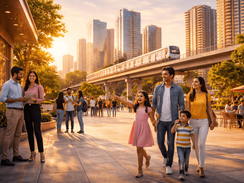 Young family and professionals walking in a modern Noida plaza with elevated metro and high rise buildings at sunset