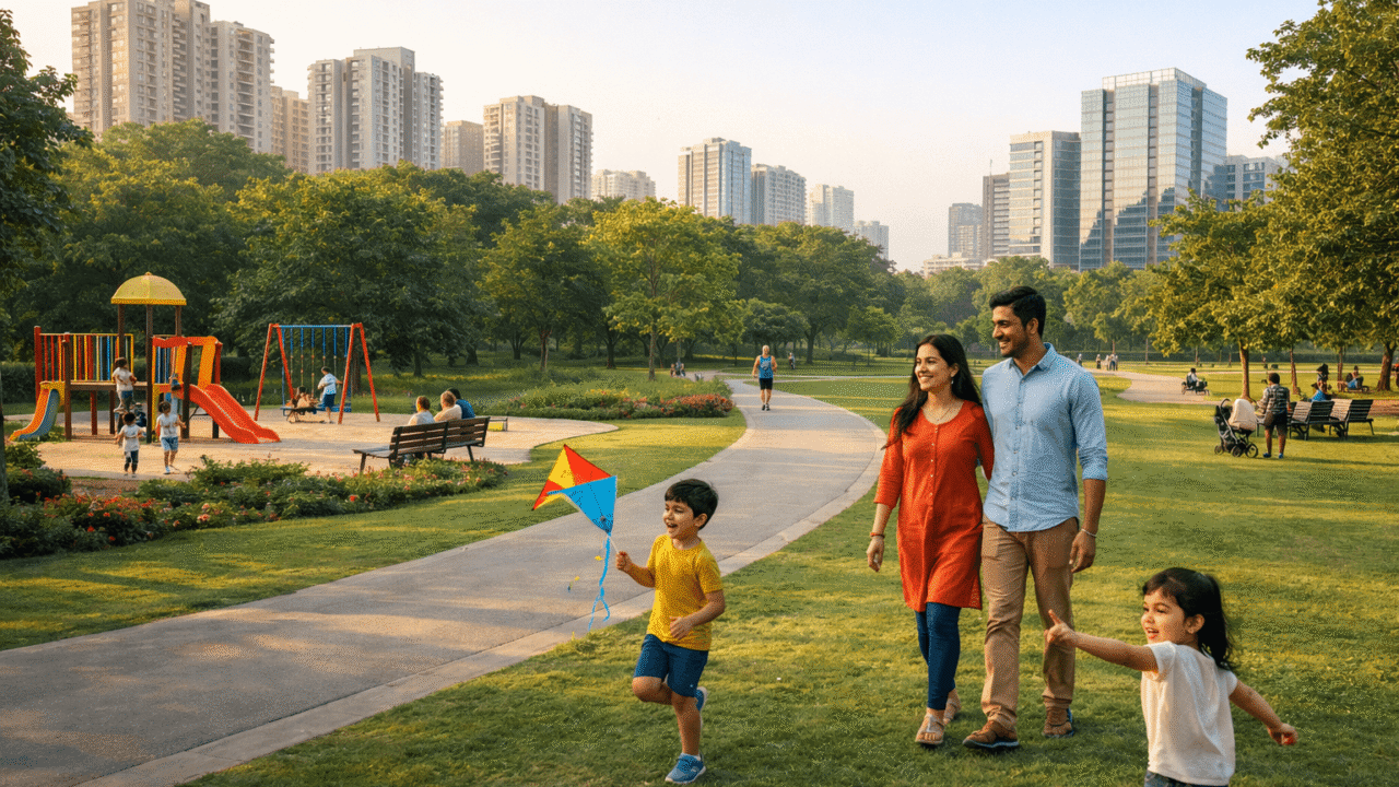 Young family walking in a green Noida park while children play near a colourful playground with high rise buildings in the background