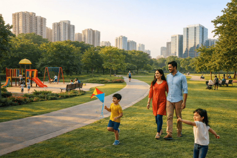 Young family walking in a green Noida park while children play near a colourful playground with high rise buildings in the background