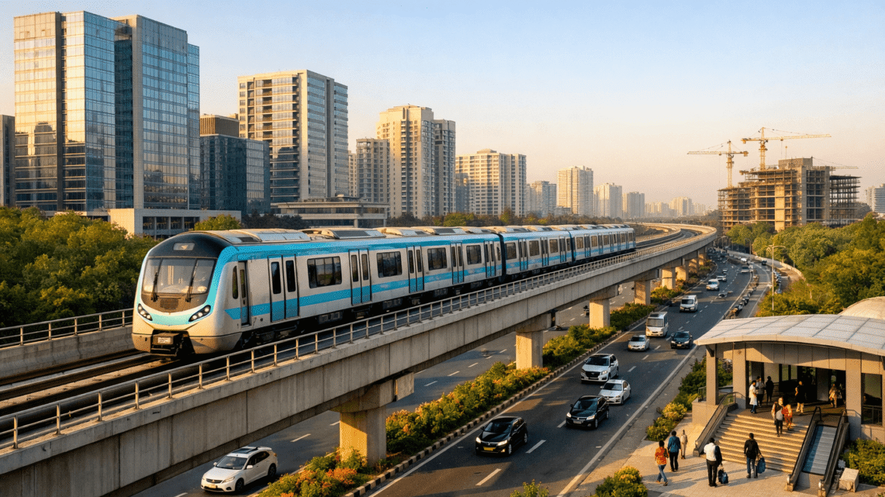 Elevated Noida metro train running above a busy expressway with modern office towers and new construction in the background