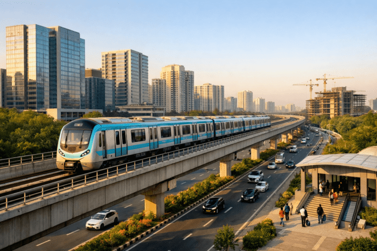 Elevated Noida metro train running above a busy expressway with modern office towers and new construction in the background