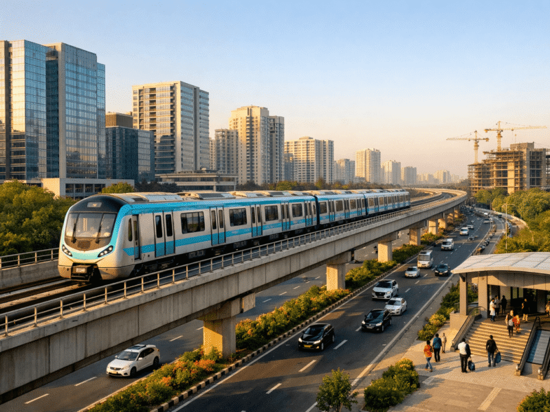 Elevated Noida metro train running above a busy expressway with modern office towers and new construction in the background