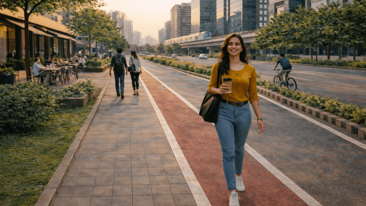 Young professional walking with coffee along a tree lined Noida boulevard with outdoor cafes, cycle lane and modern glass buildings in the background