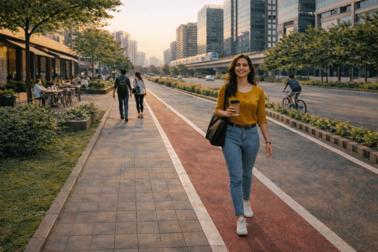 Young professional walking with coffee along a tree lined Noida boulevard with outdoor cafes, cycle lane and modern glass buildings in the background