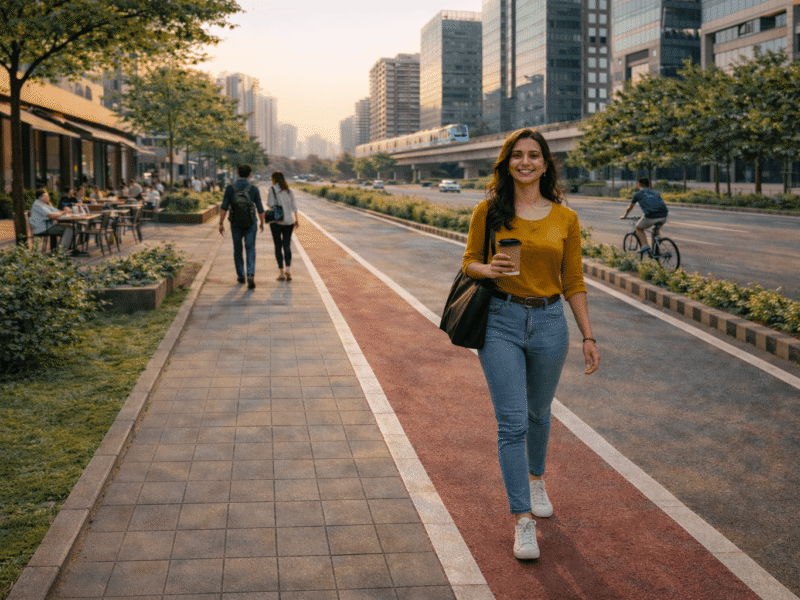 Young professional walking with coffee along a tree lined Noida boulevard with outdoor cafes, cycle lane and modern glass buildings in the background