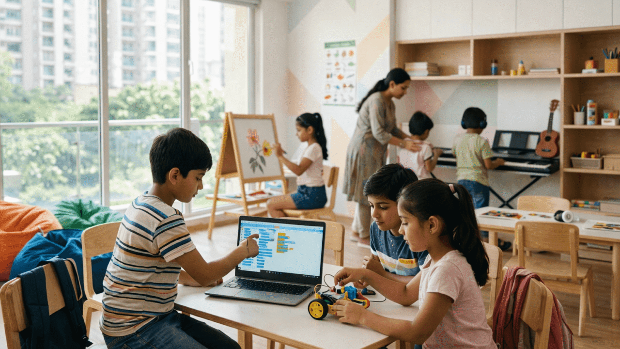 Children in a bright Noida-style after-school learning centre exploring coding, robotics, art, and music activities.