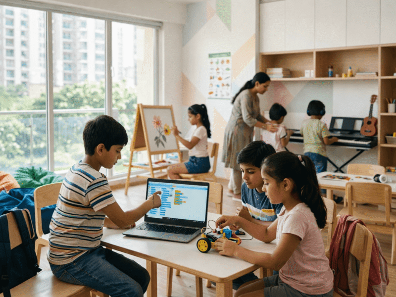 Children in a bright Noida-style after-school learning centre exploring coding, robotics, art, and music activities.