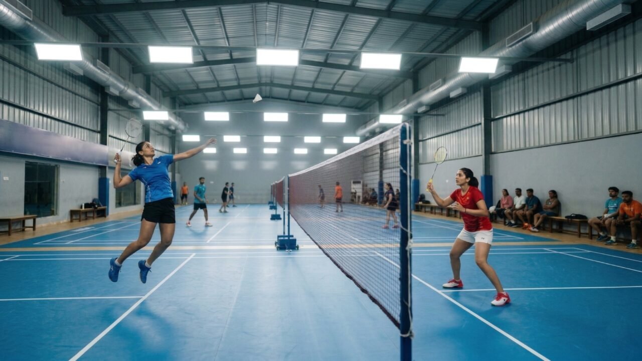 Two women playing badminton on an indoor court, representing badminton facilities and coaching options in Noida.
