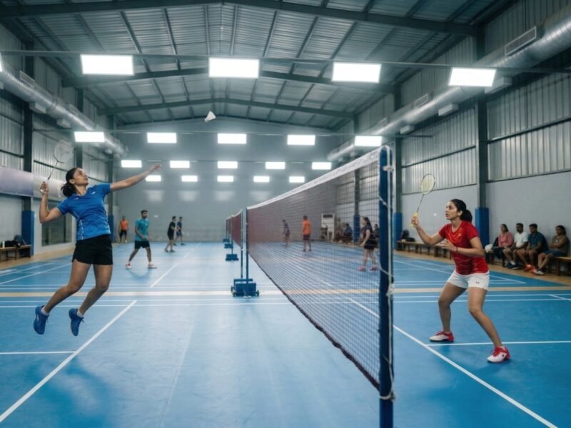 Two women playing badminton on an indoor court, representing badminton facilities and coaching options in Noida.