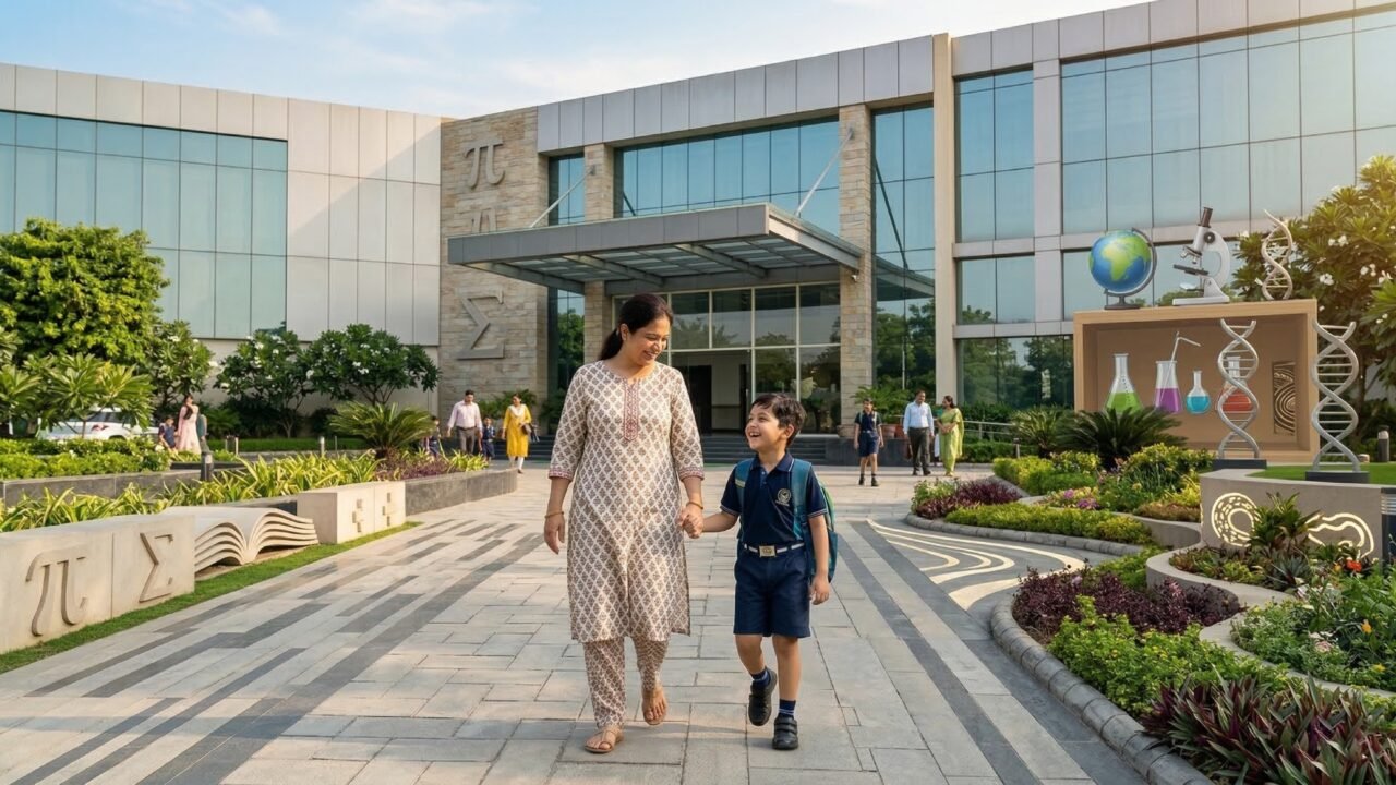 Parent and child walking toward a modern school campus in Noida for a CBSE vs ICSE schools comparison guide