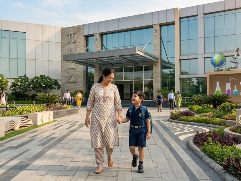 Parent and child walking toward a modern school campus in Noida for a CBSE vs ICSE schools comparison guide