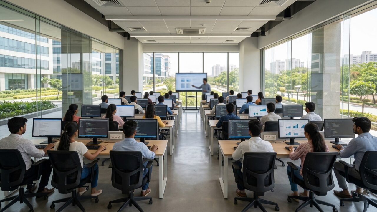 Students learning digital skills in a modern computer lab at a Centre of Excellence in Skilling in Noida