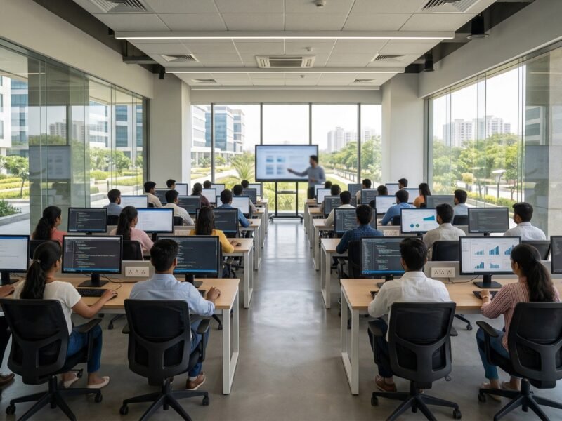 Students learning digital skills in a modern computer lab at a Centre of Excellence in Skilling in Noida