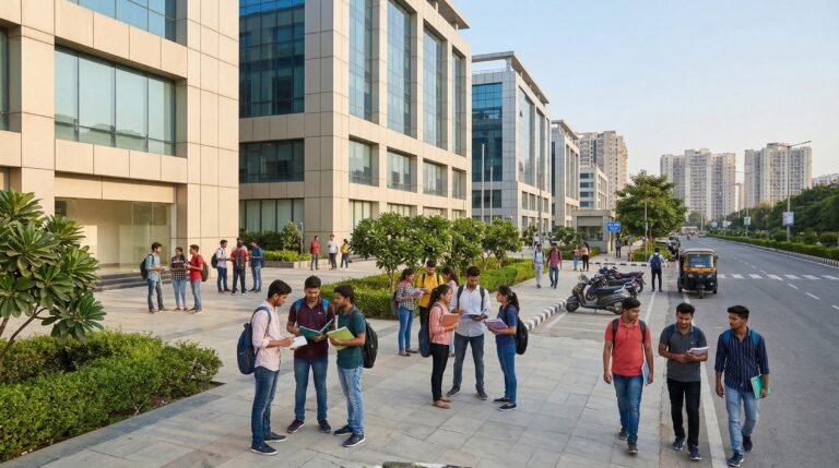 Students outside modern education and commercial buildings in Noida, representing coaching hubs for JEE, NEET and CUET preparation.