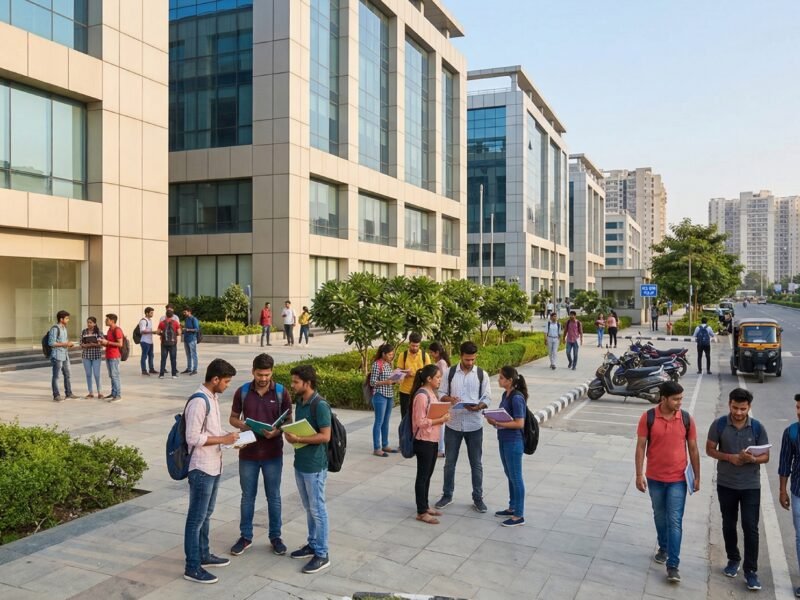 Students outside modern education and commercial buildings in Noida, representing coaching hubs for JEE, NEET and CUET preparation.