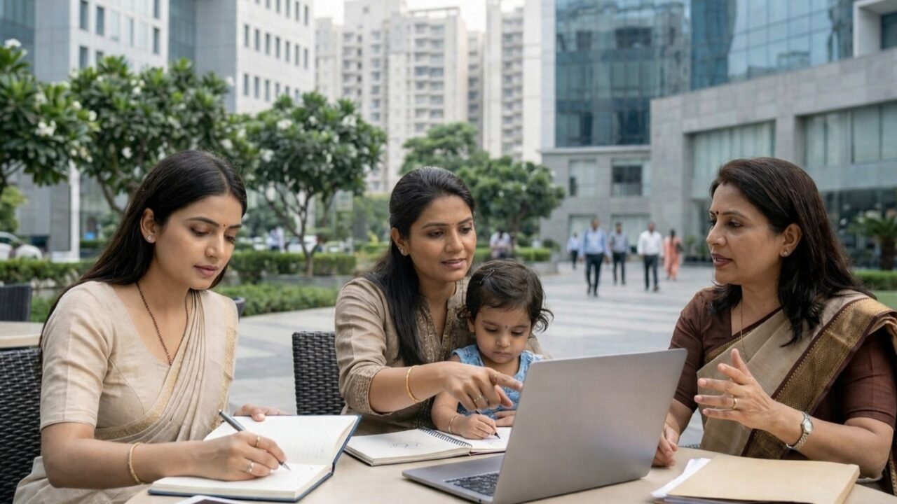 Educated women in a modern Noida setting discussing work, skills, and income-building at different life stages.