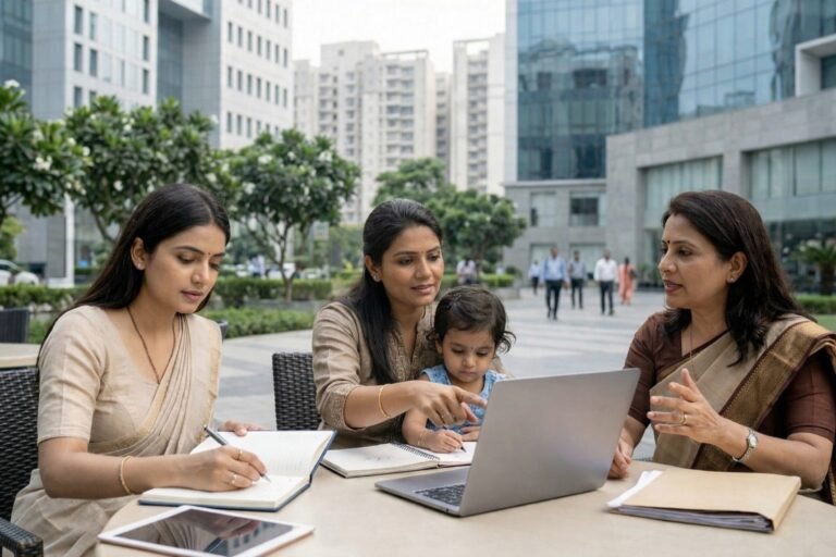 Educated women in a modern Noida setting discussing work, skills, and income-building at different life stages.