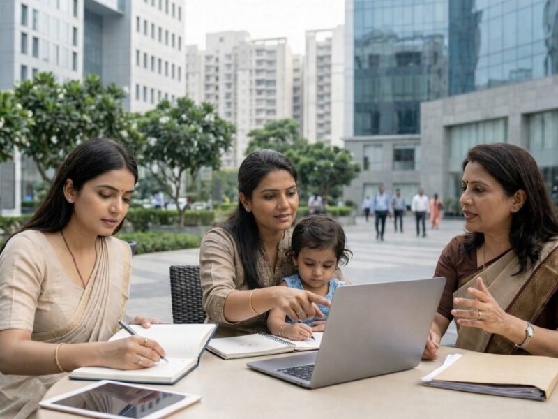 Educated women in a modern Noida setting discussing work, skills, and income-building at different life stages.