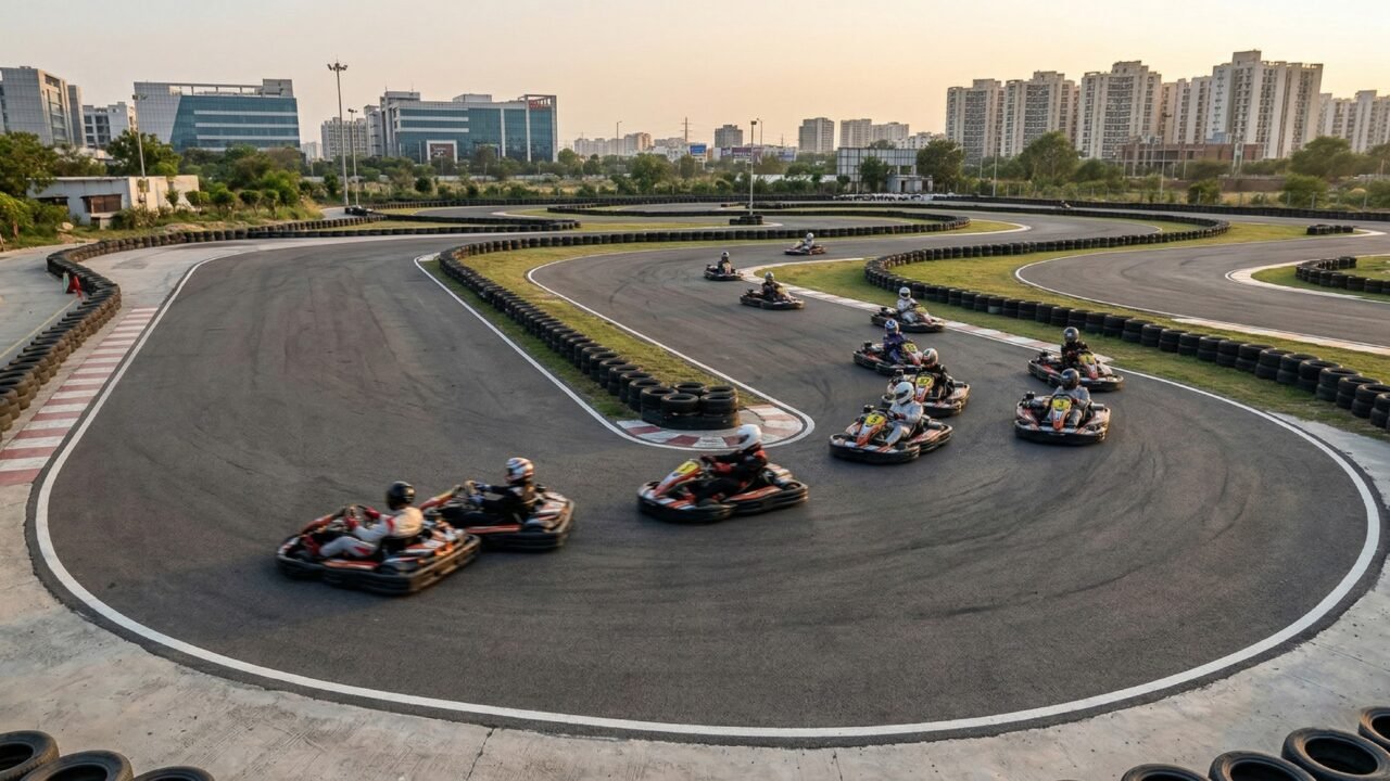 Go karts racing on an outdoor Formula Karting track in Noida at sunset
