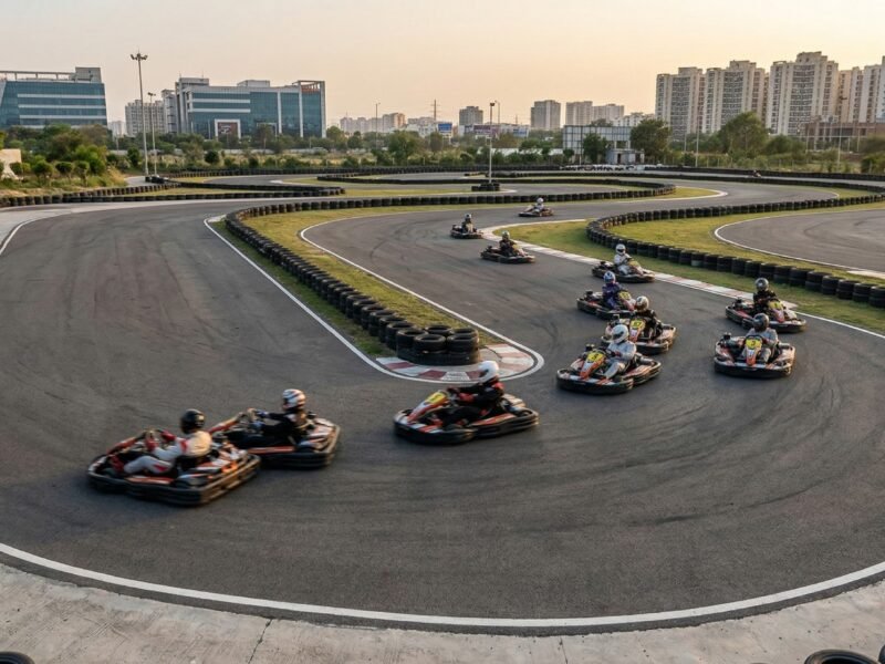 Go karts racing on an outdoor Formula Karting track in Noida at sunset