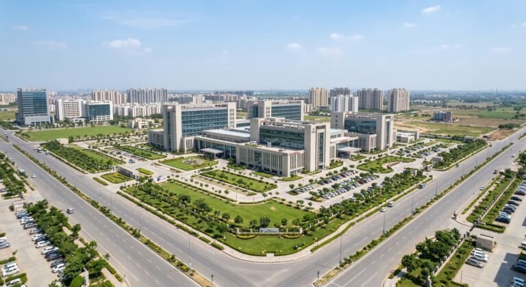 Representative modern hospital campus illustrating healthcare infrastructure growth in Greater Noida