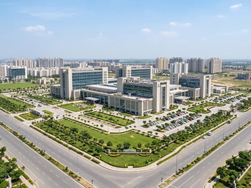 Representative modern hospital campus illustrating healthcare infrastructure growth in Greater Noida