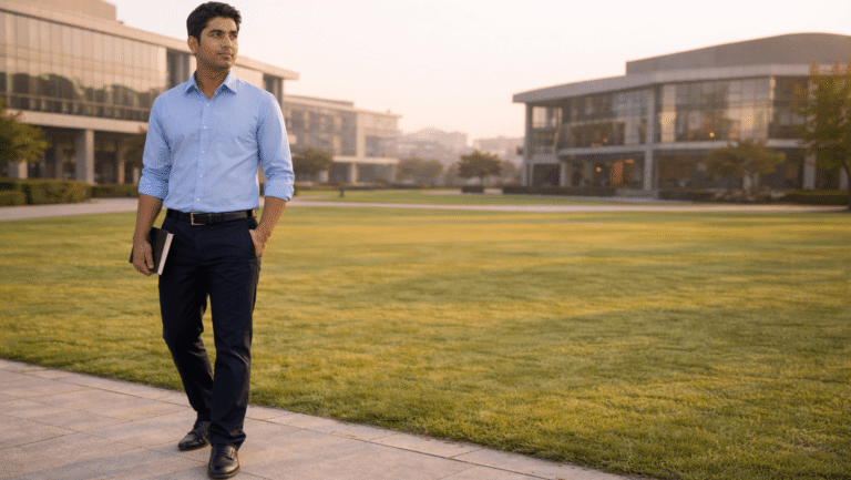 Young entrepreneur walking on campus pathway at a modern university in Greater Noida with glass buildings and open green lawn in background