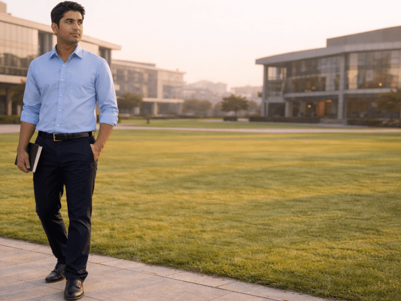 Young entrepreneur walking on campus pathway at a modern university in Greater Noida with glass buildings and open green lawn in background