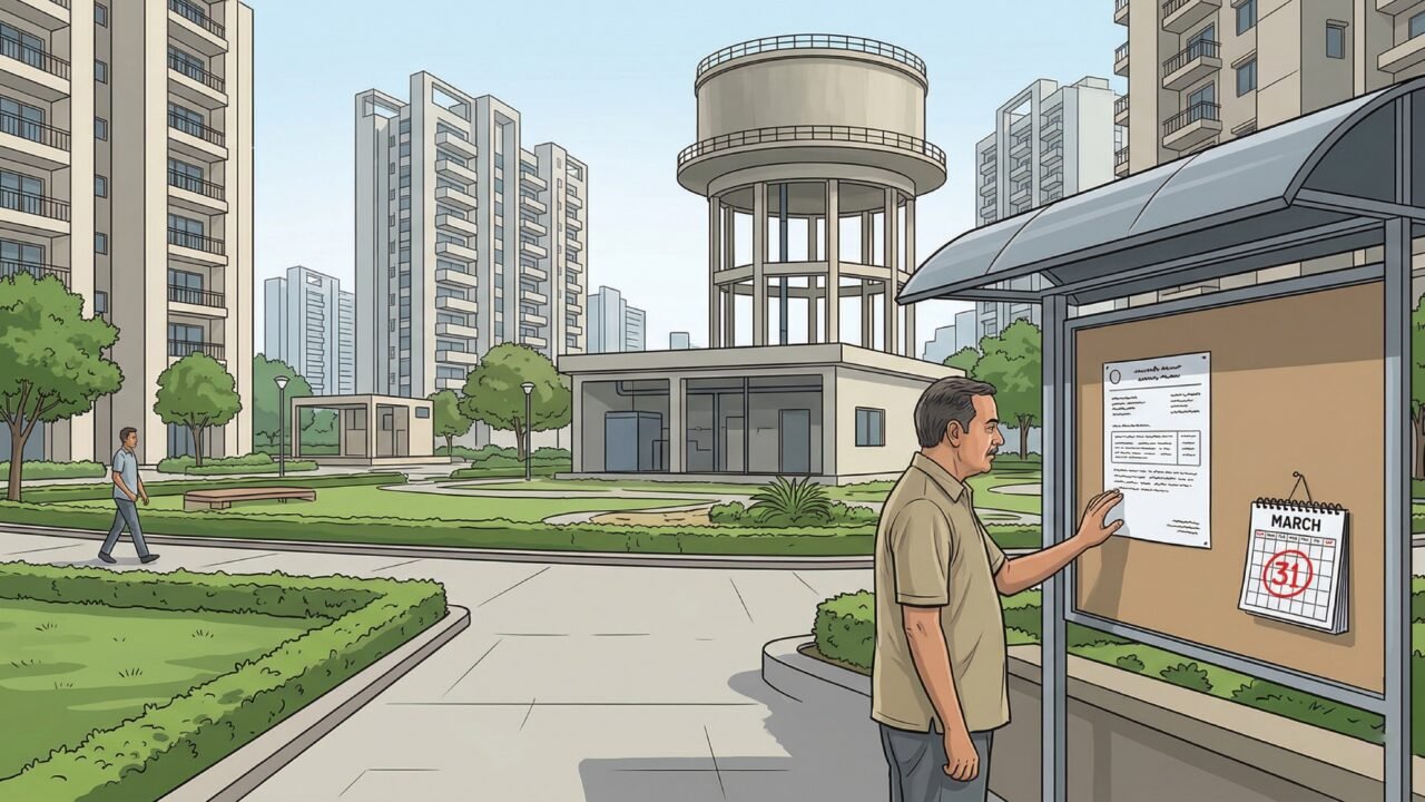 Representative image of a Greater Noida housing society notice board with a March 31 deadline marker and water infrastructure in the background