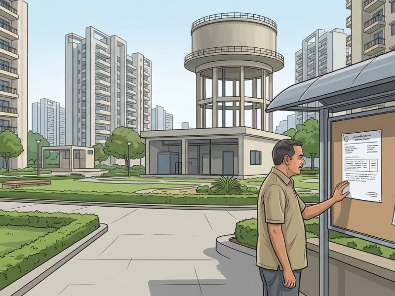 Representative image of a Greater Noida housing society notice board with a March 31 deadline marker and water infrastructure in the background